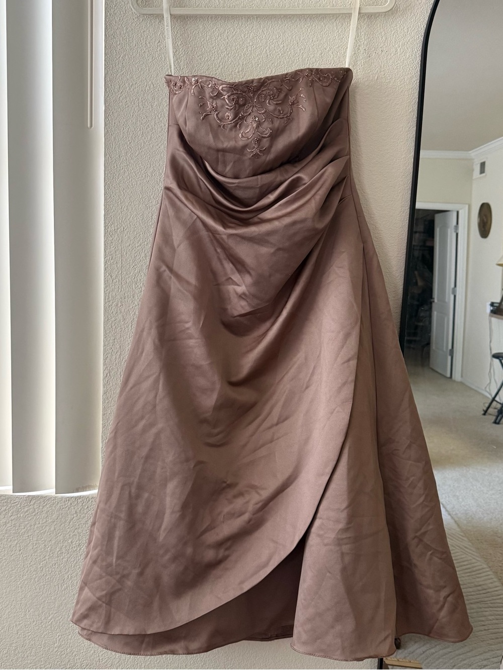 Strapless Mauve Brown Formal Dress with Embroidered Bodice sz 10